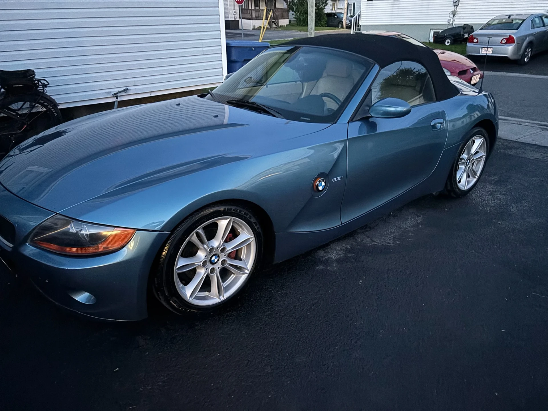 Light blue BMW Z4 convertible with glossy paint after a mobile exterior detail in Cornwall, Ontario