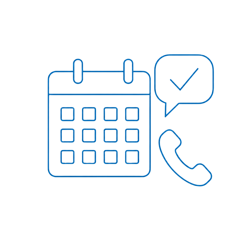 Line drawing of a calendar with a phone handset and a confirmation bubble