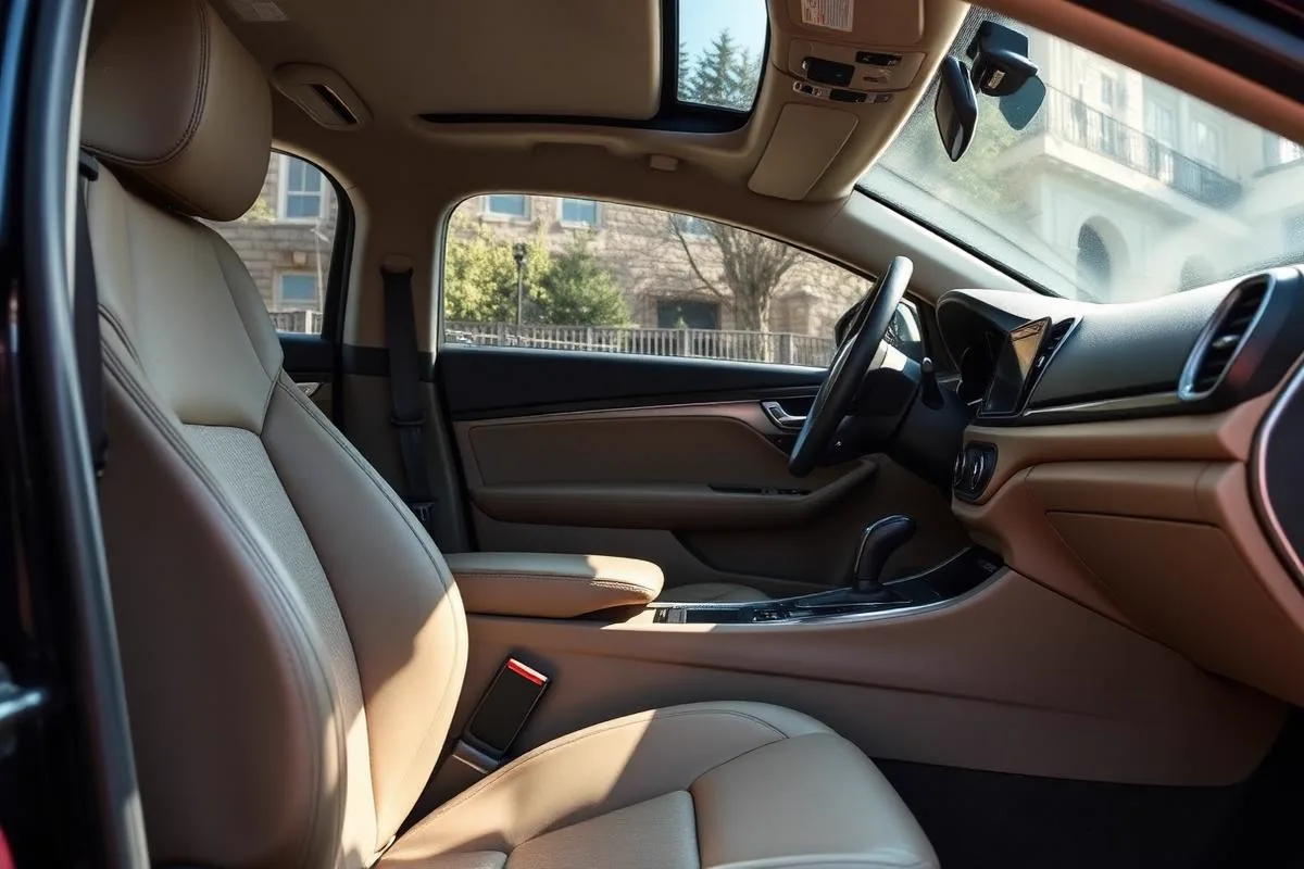 Freshly detailed car interior with clean leather seats and dashboard