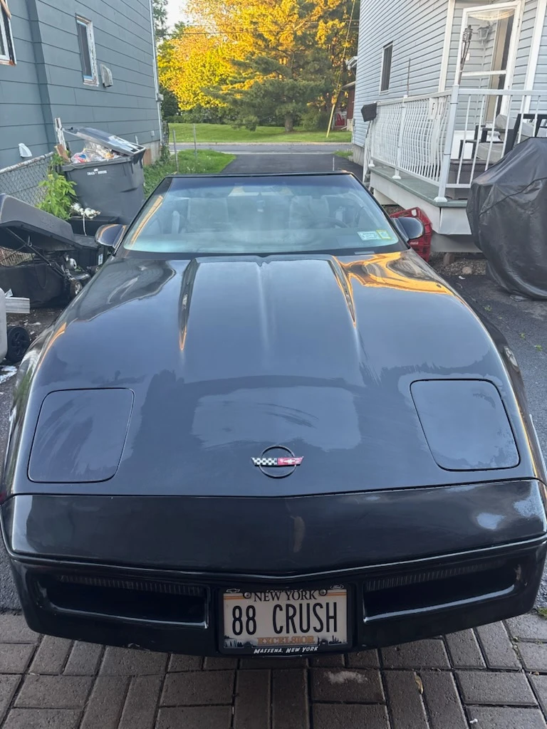 Black C4 Chevrolet Corvette hood reflecting trees after hand wash and polish