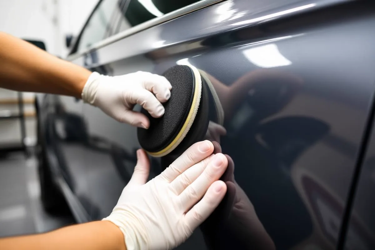 Ceramic coating being applied by hand to a dark car panel