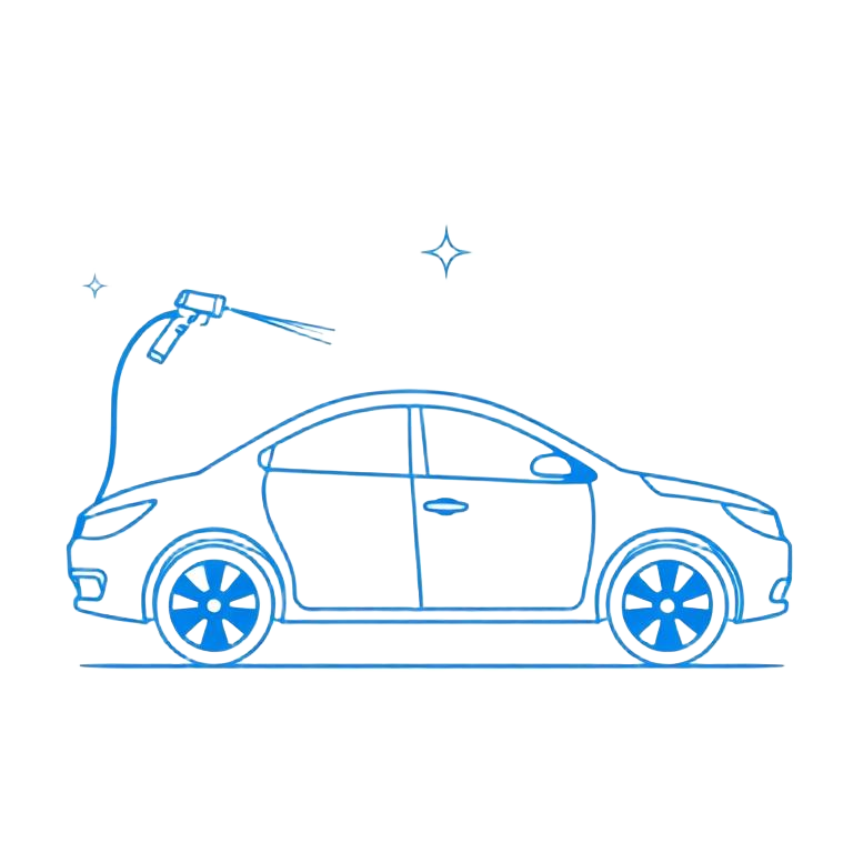 Line drawing of a car being cleaned with a pressure wand